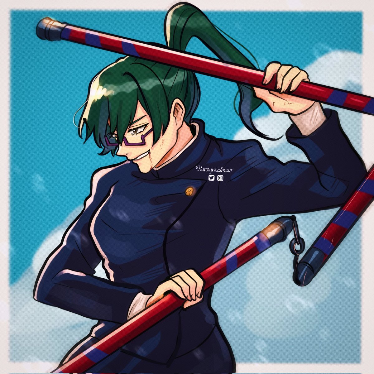 1girl green hair holding solo ponytail glasses school uniform  illustration images