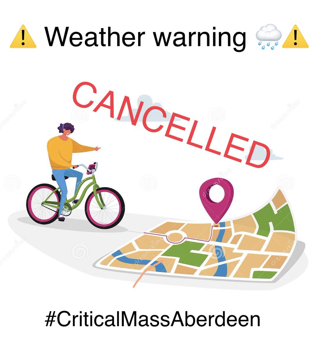 CMAberdeen's tweet photo. Due to the current weather warning #CriticalMassAberdeen will not go ahead this evening ☹️.

We have been keeping an eye on the forecast and is not on our side hence the decision. 🌧🌧

Keep safe and look out for announcements for the next ride. 

⚠️ Please spread the word! ⚠️ https://t.co/JqC5KlBWX9
