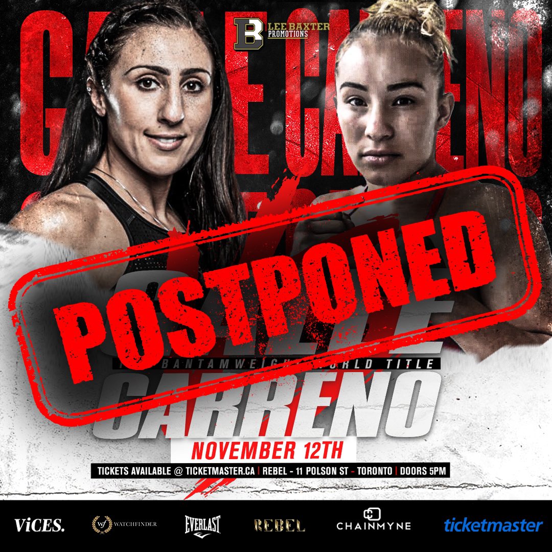 Galle-Carreno Card Postponed till December 10 Due to Carreno’s Hand Injury
 
The Amanda Galle-Niorkis Carreno card in Toronto has been postponed due to Carreno sustaining a hand injury. The pair will now go head-to-head on December 10th for the vacant IBO World Bantamweight Title