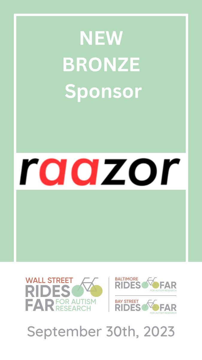 Join us in giving a huge thank you to #RidesFAR bronze sponsor, @raazorllc ! Thank you for joining in the @AutismScienceFd mission to fund autism research that ensures those with autism lead fulfilling lives with dignity. See you in 2024!