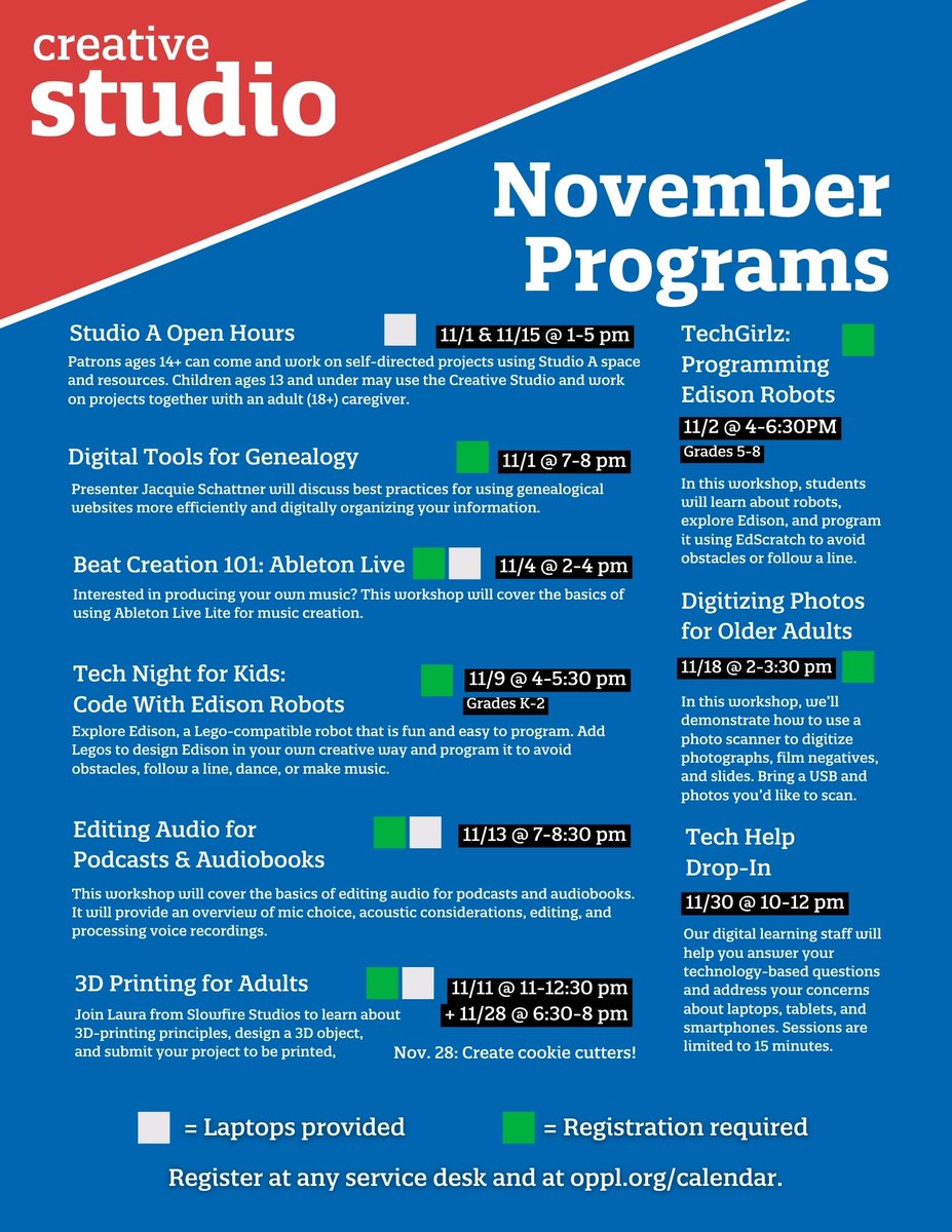 Let's get creative! Join us inside the Main Library Creative Studio—located on the third floor—for programs this November.
Space is limited; register now ➡️ oppl.org/calendar
#OakPark