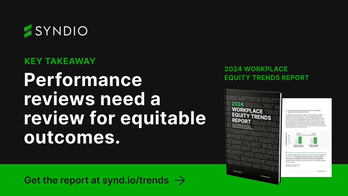 Performance reviews are a major entry point for bias in the employee lifecycle due to a heavy reliance on manager discretion. Read the 2024 #WorkplaceEquity Trends Report to learn how effective organizations are mitigating bias in performance reviews: synd.io/workplace-equi…