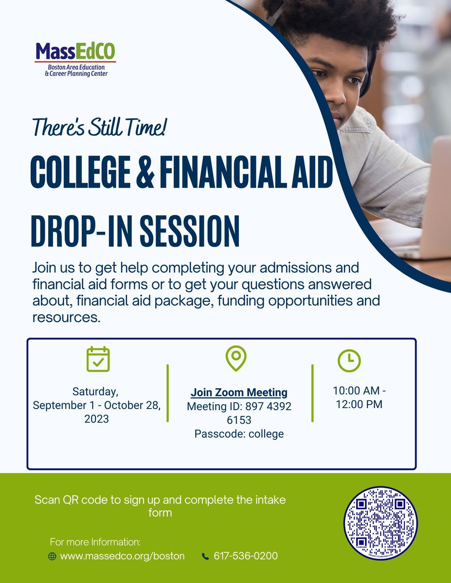 Note - @MassEdCo is offering virtual College & Financial Aid drop-in sessions for students and families on Saturdays through October.