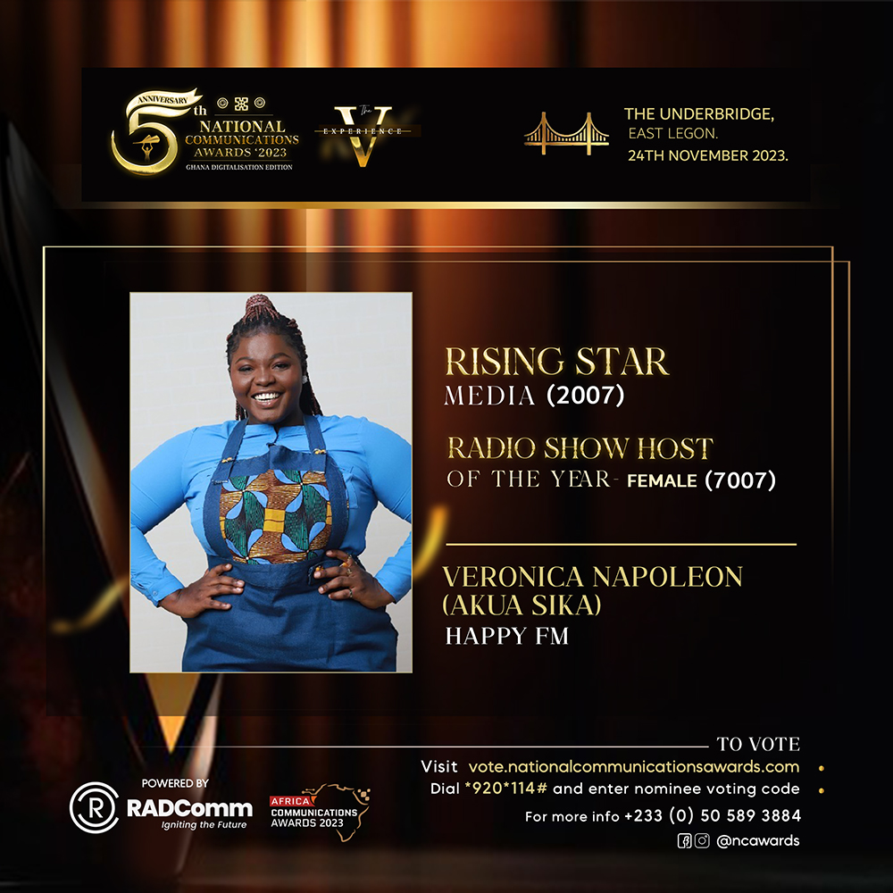 Your favourite #HappyEveningDrive host, <a href="/akuasikaghana/">Akua $ika Ghana</a> has been nominated in the Rising Star Media Personality of the Year &amp; Radio Show Host of the Year categories of the National Communications Awards 2023.

Do vote for Akua Sika to win these awards.🙏

#AkuaSika4NCAwards