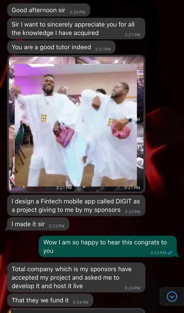 nuelwogundu's tweet photo. Proud moment.

I’ve always been passionate when teaching design and here’s a win for me. 

Less than 6 months in UI UX about to have her live product fully sponsored by Total Energies. 

You can drop the petals let me walk on. 😊😊😊 https://t.co/W70cK1NCe0