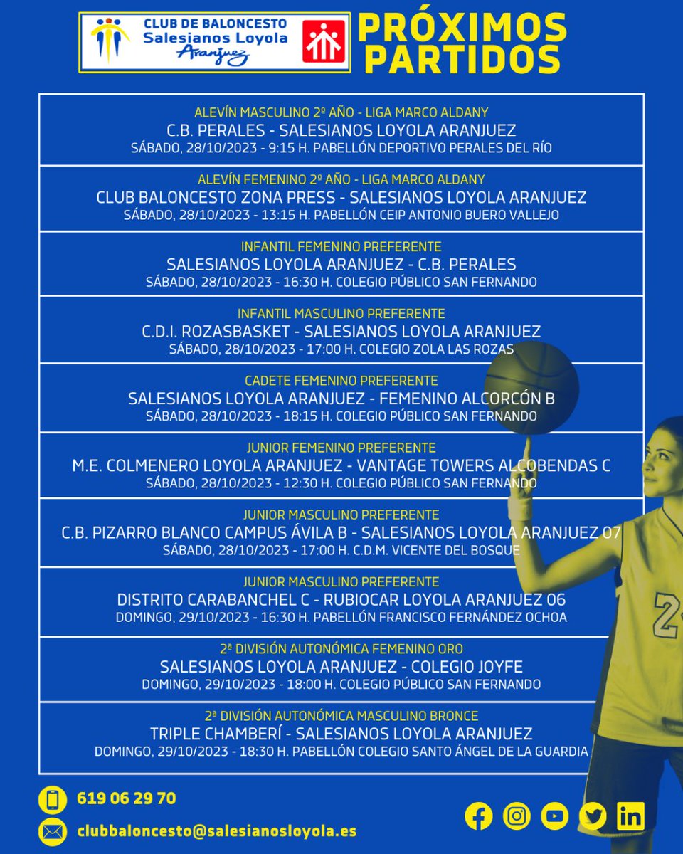 aranjuezspartan's tweet photo. Este finde tenemos mucho baloncesto. ¡Vamos Loyola! 👊🏀
#123Loyola #Club #Baloncesto #Salesianos #Loyola #Aranjuez #Rubiocar #SolucionesCriogenicas #MEColmenero #LaGlorietaInmuebles https://t.co/L4LxgBQR82
