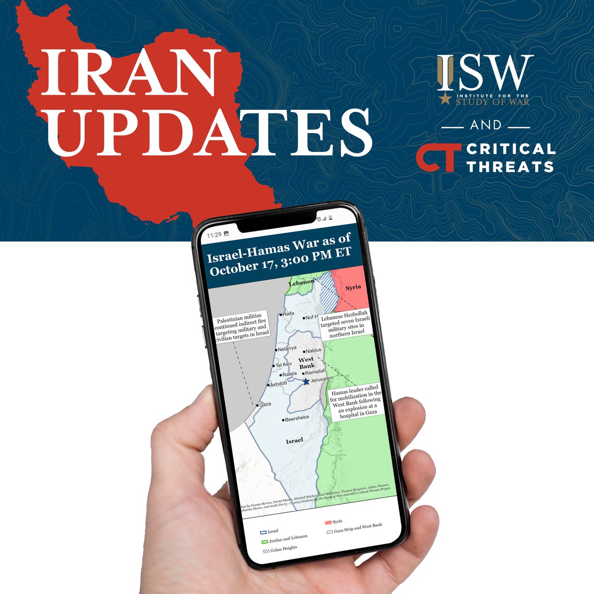 TheStudyofWar's tweet image. ISW and AEI's @criticalthreats are closely monitoring events in the #Mideast.

Your support ensures we can continue to provide authoritative &amp;amp; nonpartisan updates on the #Israel–#Hamas war to policymakers, the press, &amp;amp; the public.

Please donate today: isw.pub/SupportISW