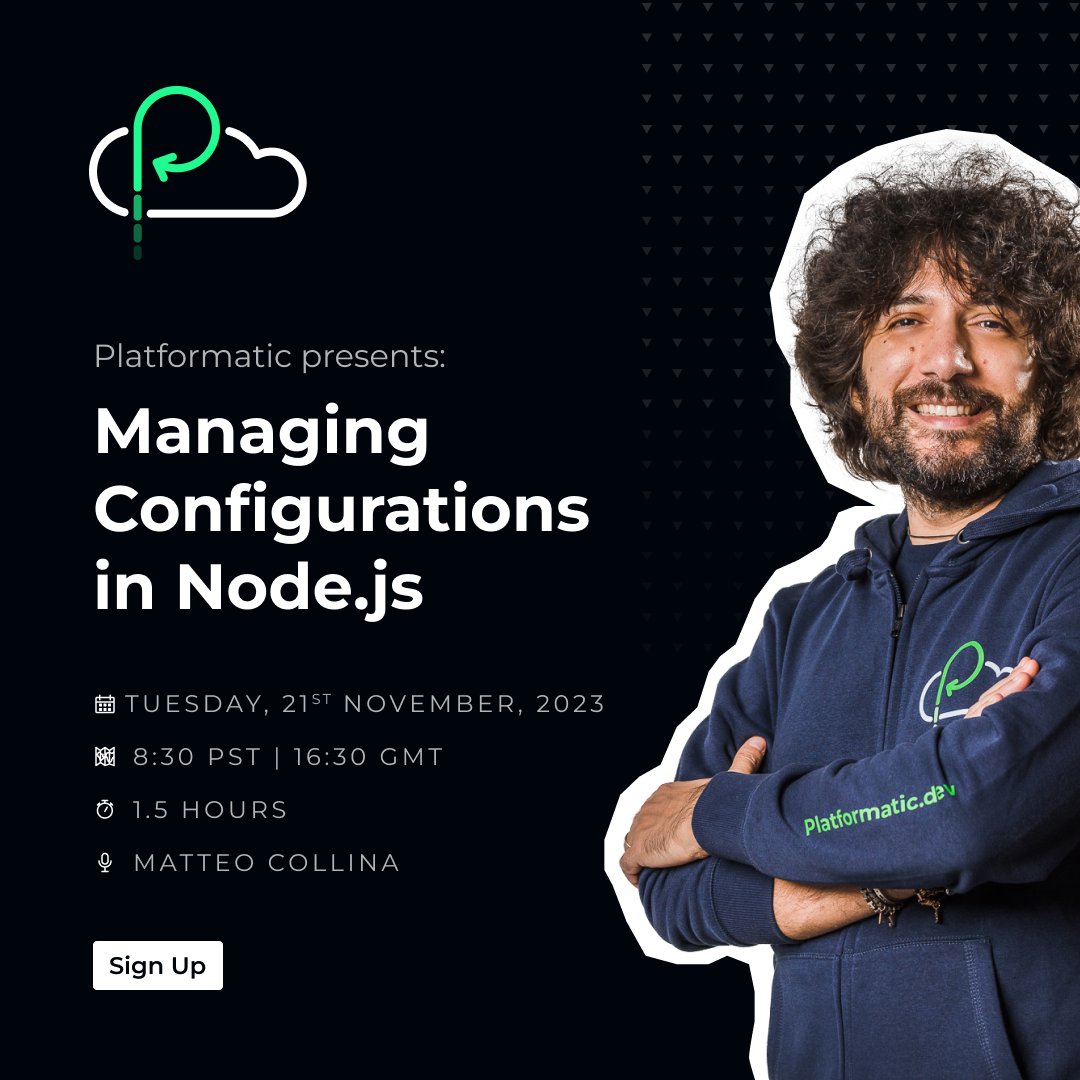 Less than a month to go until <a href="/platformatic/">Platformatic</a>'s free masterclass, where I'll be looking at how to manage Node.js configurations and discussing:

‣ How to distinguish between environments
‣ What risks NODE_ENV poses
‣ Configuration best practices

Sign up👉hubs.ly/Q026XST40