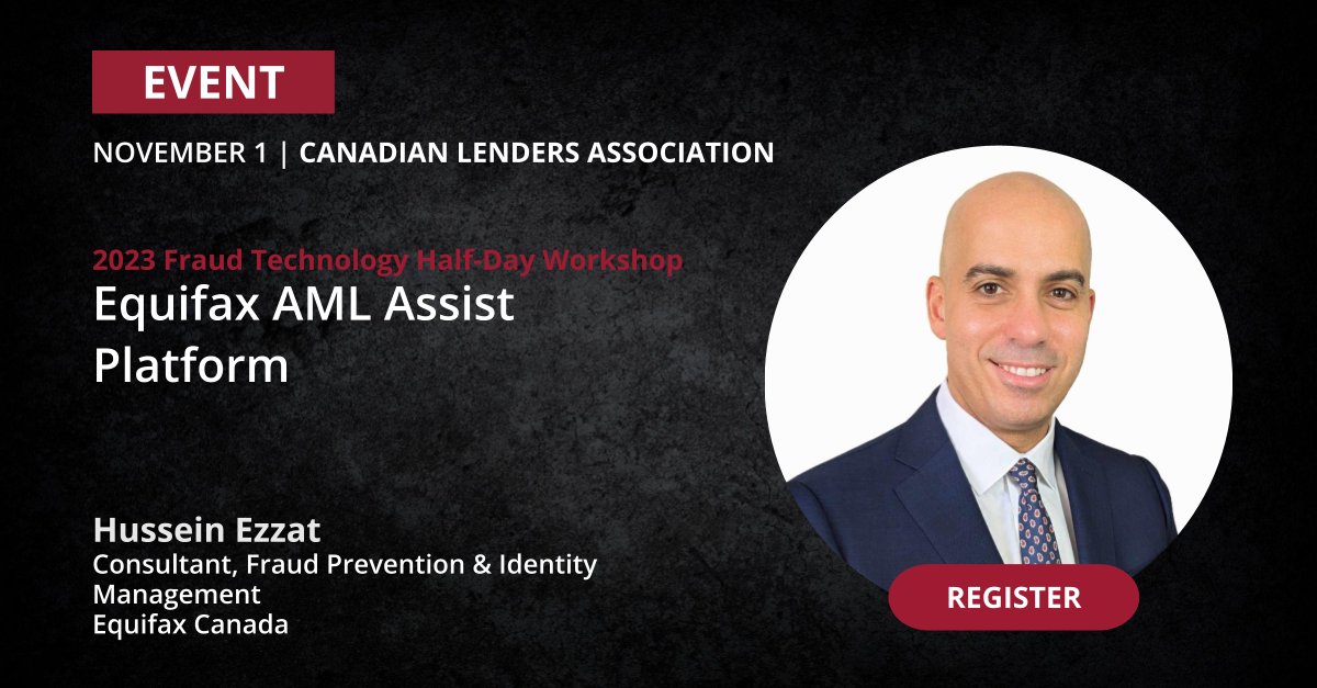 Equifax Canada (@equifaxcanada) on Twitter photo Join Hussein Ezzat, Consultant, Fraud Prevention & Identity Management at the <a href="/canadianlenders/">Canadian Lenders Association</a> workshop on #FraudTechnology.
Hussein will talk about how you can leverage Equifaxās AML Assist platform to mitigate risk. Register here. bit.ly/40qIZDb Join Hussein Ezzat, Consultant, Fraud Prevention & Identity Management at the <a href="/canadianlenders/">Canadian Lenders Association</a> workshop on #FraudTechnology.
Hussein will talk about how you can leverage Equifaxās AML Assist platform to mitigate risk. Register here. bit.ly/40qIZDb