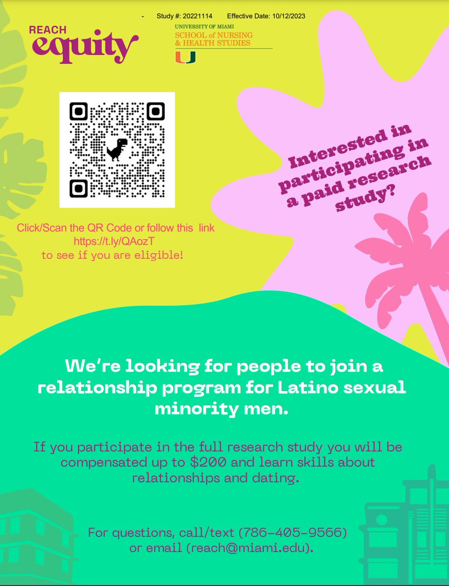 The REACH Equity Lab at the University of Miami is conducting a research study and is recruiting Latino sexual minority men to participate in a pilot study! See flyer below for more info! <a href="/RobertoDNP/">Roberto Roman, PhD, DNP, RN, CMSRN</a> <a href="/audreyharkness/">Audrey Harkness</a>