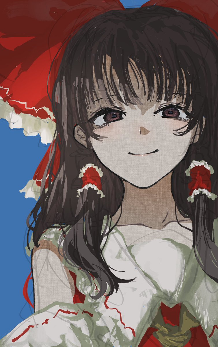 hakurei reimu 1girl solo blue background bow red bow hair tubes smile  illustration images