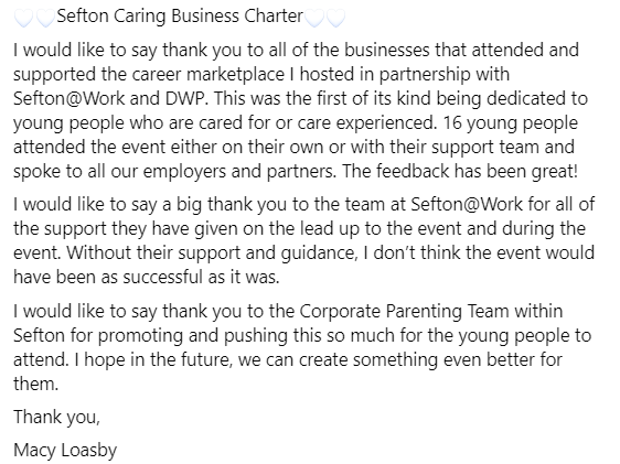 LearnWorkSefton's tweet image. 🤍🤍Sefton Caring Business Charter🤍🤍

So pleased to have held a successful Career Marketplace event during #nationalcareleaversweek specifically for #careexperienced &amp;amp; #caredfor young people. Thanks to all who attended &amp;amp; made it a success
#seftoncouncil #corporateparents