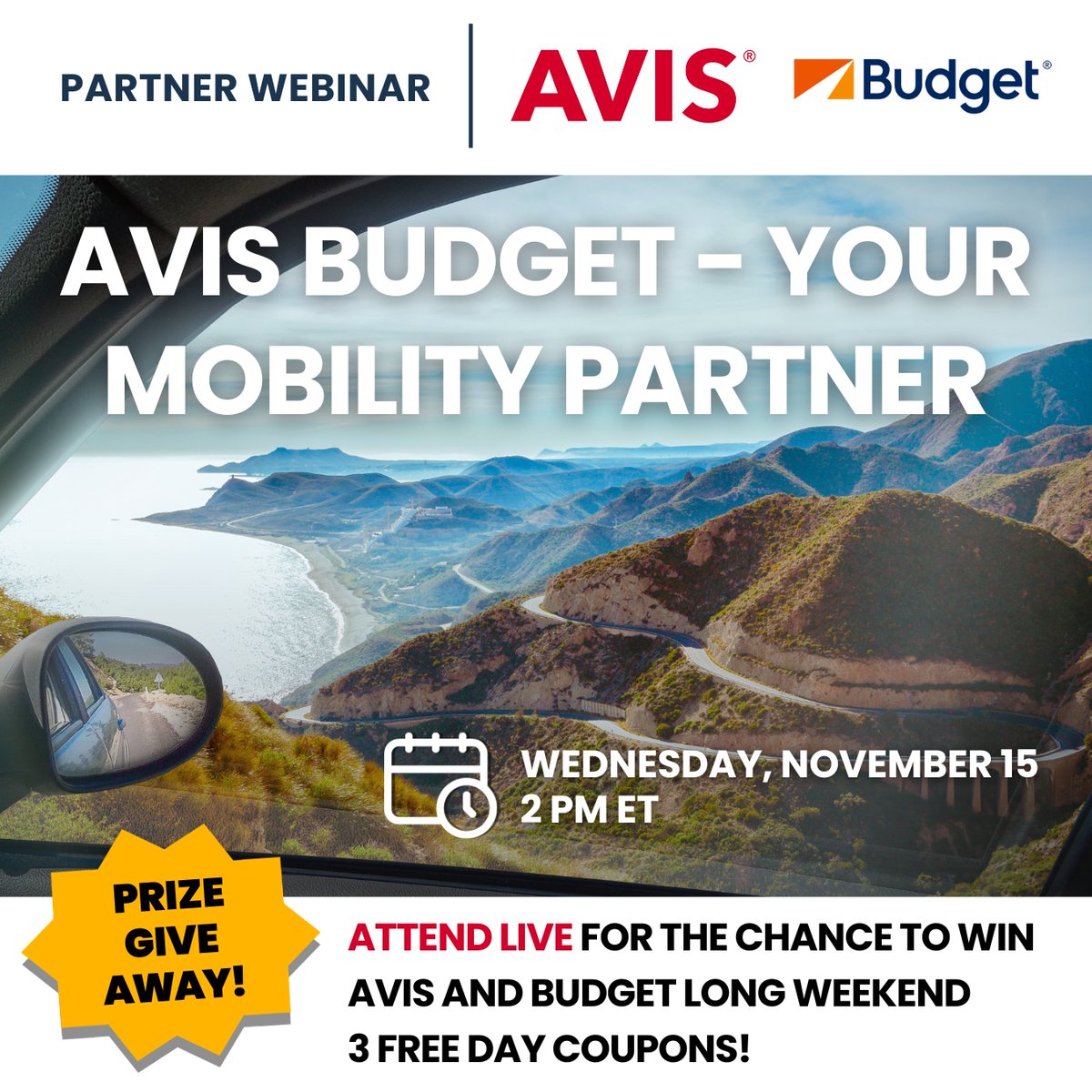 Join us for a partner webinar with Avis Budget on November 15 at 2 p.m. ET to catch up on all things new with the leading global provider of mobility solutions, operating three of the most recognized brands in the industry through Avis, Budget and Zipcar. bit.ly/3Qhv0e7