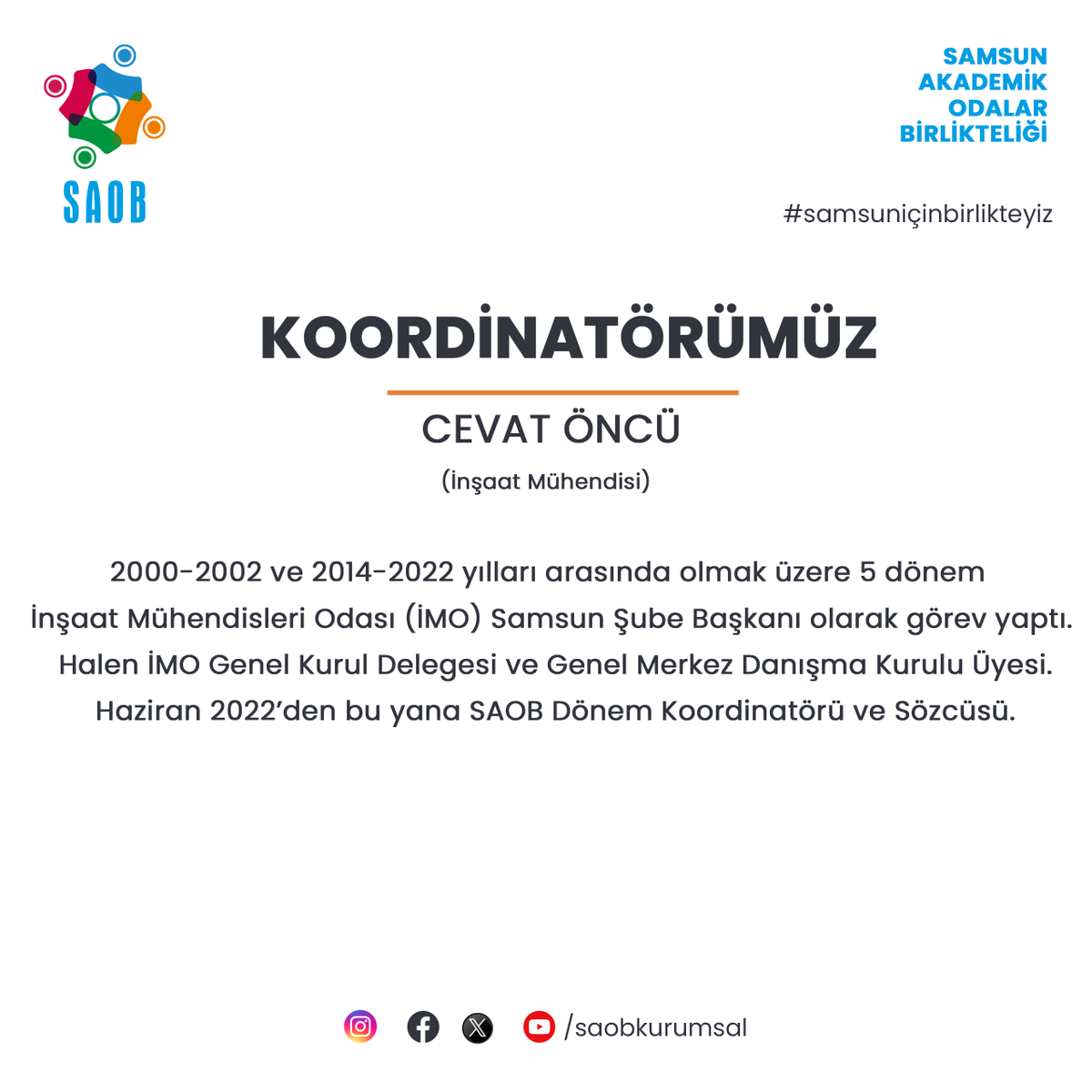 saobkurumsal's tweet photo. Koordinatörümüz...
İnşaat Mühendisi Cevat Öncü, Haziran 2022'den bu yana dönem koordinatörümüz ve sözcümüz olarak görev yapmaktadır.
@cevatoncu55
#saob #samsun #samsuniçin #samsuniçinbirlikteyiz #cevatöncü https://t.co/L7gS60G8cG