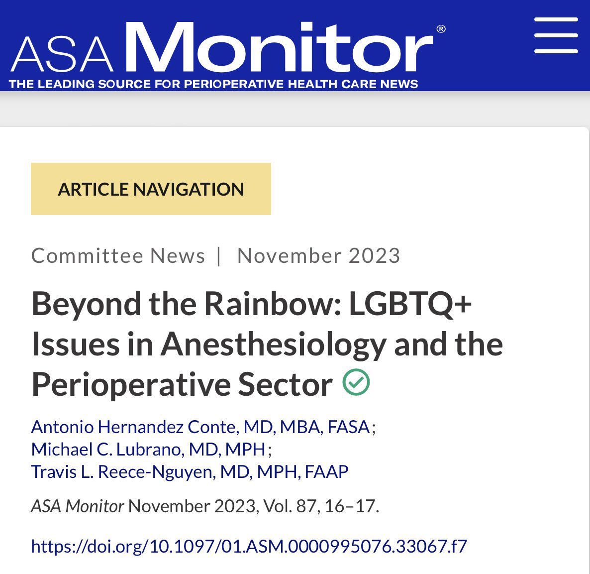 Travis Reece-Nguyen (he/him) MD, MPH, FAAP 🏳️🌈 (@reece_nguyen) on Twitter photo Hey <a href="/ASALifeline/">ASA®</a> members!
Check out our article to learn more about the inaugural ASA Ad Hoc LGBTQ+ committee’s work and find ways to get involved! 🏳️🌈🏳️⚧️
<a href="/LAsk8erdoc/">Antonio Hernandez Conte, MD, MBA, FASA</a> <a href="/MLubranoMD/">Michael Lubrano MD MPH</a> <a href="/LGBTQIAnesth/">LGBTQIA(nesthesiology)</a> <a href="/PediAnesthesia/">SPA</a> <a href="/FutureAnesRes/">FutureAnesRes</a> <a href="/c_mensching/">Carolyn Mensching</a> <a href="/DoctorJesseMD/">Jesse Ehrenfeld MD MPH</a>
pubs.asahq.org/monitor/articl… Hey <a href="/ASALifeline/">ASA®</a> members!
Check out our article to learn more about the inaugural ASA Ad Hoc LGBTQ+ committee’s work and find ways to get involved! 🏳️🌈🏳️⚧️
<a href="/LAsk8erdoc/">Antonio Hernandez Conte, MD, MBA, FASA</a> <a href="/MLubranoMD/">Michael Lubrano MD MPH</a> <a href="/LGBTQIAnesth/">LGBTQIA(nesthesiology)</a> <a href="/PediAnesthesia/">SPA</a> <a href="/FutureAnesRes/">FutureAnesRes</a> <a href="/c_mensching/">Carolyn Mensching</a> <a href="/DoctorJesseMD/">Jesse Ehrenfeld MD MPH</a>
pubs.asahq.org/monitor/articl…