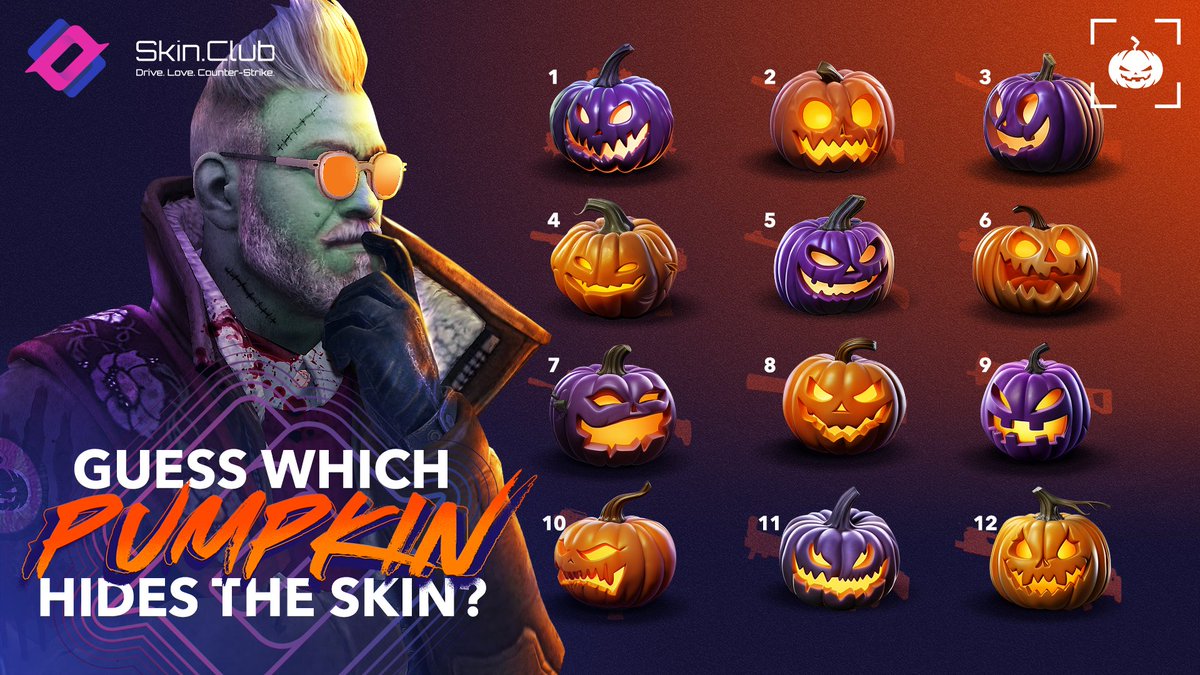 skinclubmedia's tweet photo. Can you guess which pumpkin hides the skin?

The rules are simple, as always:
1. Write the number of the pumpkin where you think the skin is hidden.
2. Tag a friend.
3. Repost this publication.

FOUR (yes, four) random winners who guess the right pumpkin will be chosen and will receive $10 skin on November 1st.