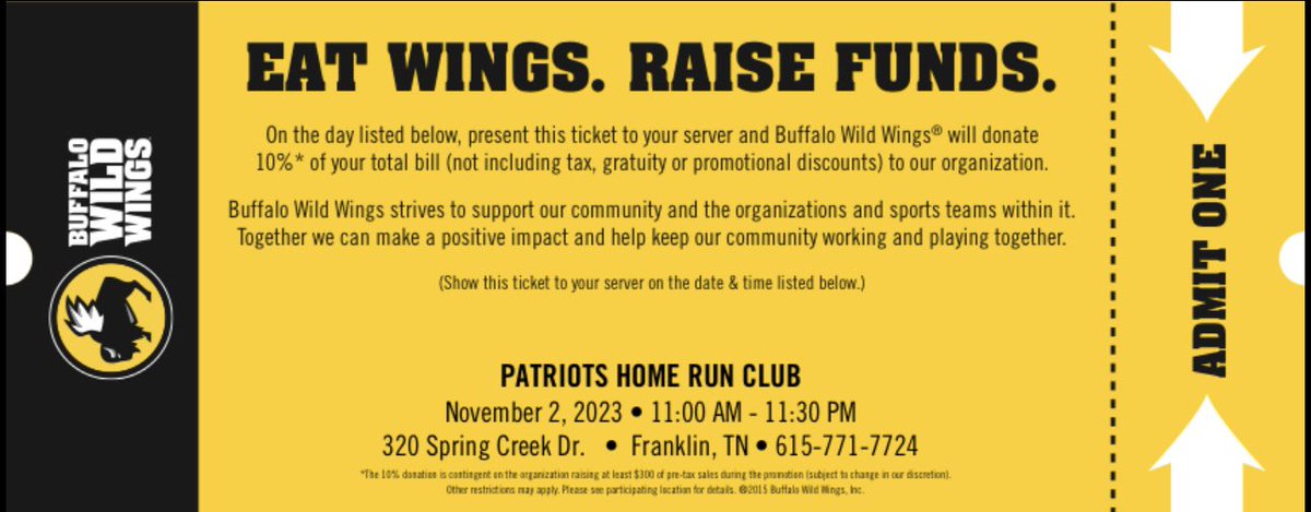 Patriots Homerun Club - Page High Baseball (@pagepatriots_) on Twitter photo TAYLOR BREWER NIGHT at Buffalo Wild Wings *Nov 2, 11 AM - 11:30 PM* A great night honoring Taylor Brewer & opportunity to meet your 23-24 PHS baseball players. DON’T FORGET-show the ticket or mention Page Baseball to your server! <a href="/wcsPHSathletics/">Page High Athletics</a> <a href="/wcsPHSkar/">Coach Roeten</a> <a href="/PAGE_baseball/">Patriots Baseball</a> TAYLOR BREWER NIGHT at Buffalo Wild Wings *Nov 2, 11 AM - 11:30 PM* A great night honoring Taylor Brewer & opportunity to meet your 23-24 PHS baseball players. DON’T FORGET-show the ticket or mention Page Baseball to your server! <a href="/wcsPHSathletics/">Page High Athletics</a> <a href="/wcsPHSkar/">Coach Roeten</a> <a href="/PAGE_baseball/">Patriots Baseball</a>