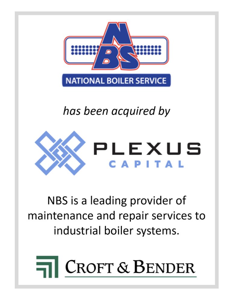 Croft & Bender, an Atlanta-based investment banking firm, is pleased to announce the successful sale of its client, National Boiler Service, Inc. to Plexus Capital  @Plexuscapital.

#InvestmentBanking #BusinessGrowth #Industrial #BoilerService #MergersAndAcquisitions