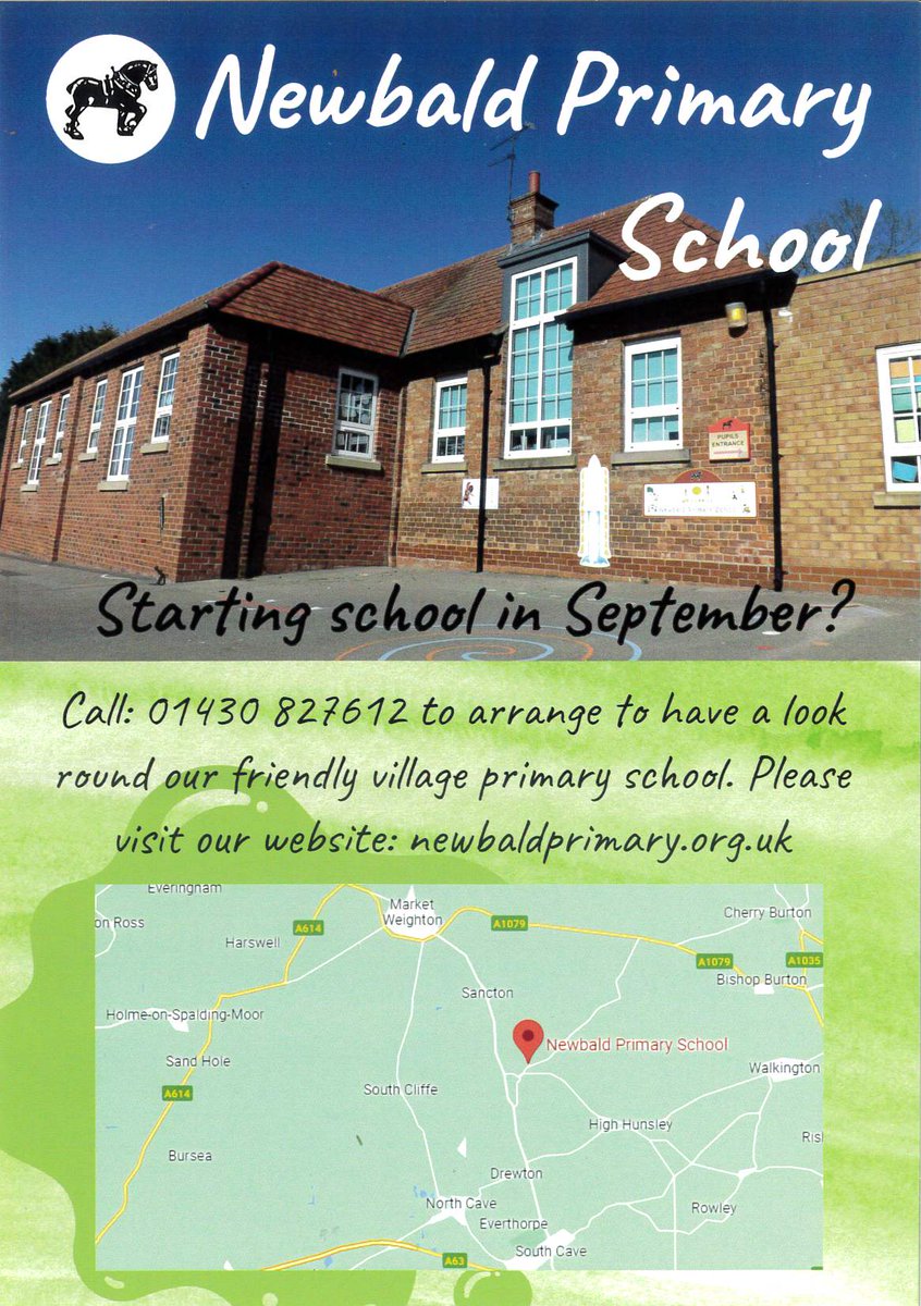 Starting school in September 2024? Give us a call to have a look round. Have a look at our website for more details: newbaldprimary.org.uk/index.html
