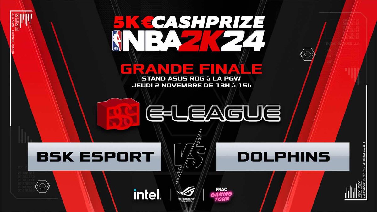 🏆| 𝗕𝗦𝗕 𝗘-𝗟𝗘𝗔𝗚𝗨𝗘

Rendez-vous ce jeudi 2 novembre dès 13H pour la grande finale de la BSB E-LEAGUE organisée par <a href="/GazoMlg/">GAZO 🚫🎮</a> 🚫🎮

<a href="/TeamBSK_/">BSK ESPORT</a> 🆚️ #Dolphins 

La finale se déroulera dans un lieu exceptionnel, la PARIS GAMES WEEK 🤩

#BSBELEAGUE | #NBA2K24