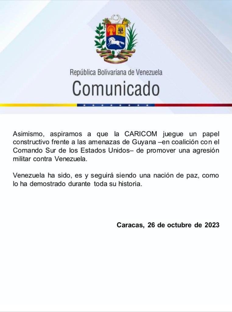 #Comunicado Venezuela cumple con informar que ha tomado nota de la posición asumida por la Comunidad del Caribe (CARICOM), en relación al reclamo legítimo de Venezuela sobre el territorio de la Guayana Esequiba.
#ElEsequiboEsVenezolano