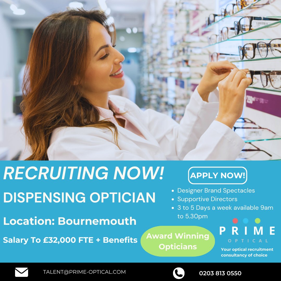 PrimeOpticalRec's tweet image. 👀 NEW #Dispensing Optician #jobopportunity now available to join an established opticians practice located in #Bournemouth  👀

💷 Basic Salary To £32,000 +Bonus

👓 Supportive Directors who will invest in you

Click here to apply bit.ly/3tQVnju