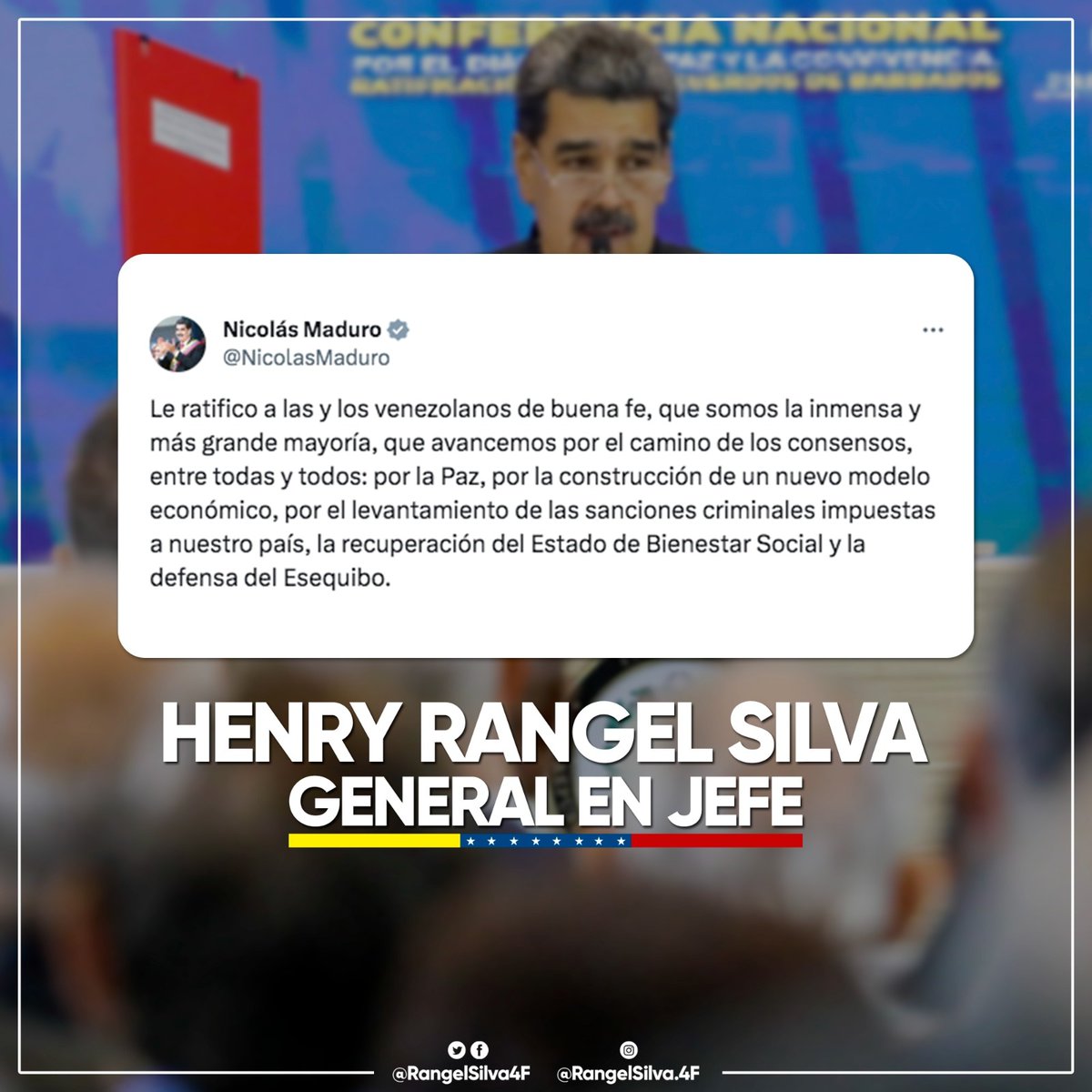 El presidente <a href="/NicolasMaduro/">Nicolás Maduro</a> es un fiel impulsor y promotor de la paz. Seguiremos respaldándolo para lograr la estabilidad de nuestro pueblo y la justicia que merecemos. 

#DefiendeTuEsequibo
