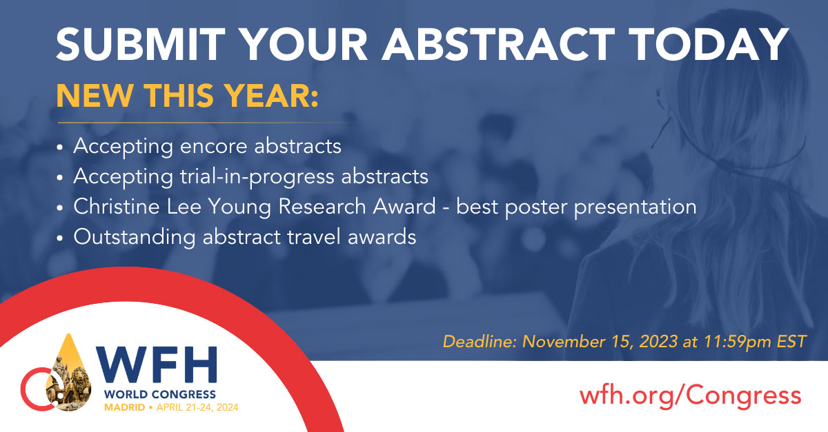 wfhemophilia's tweet image. New for the WFH 2024 Congress! 🌟 We&apos;re now accepting encore abstracts + we will be awarding the Christine Lee Young Researcher Award. Top-scoring abstracts are eligible to win one of five Travel Awards! Act today! 📚🏆 #WFHCongress2024 #CallforAbstract bit.ly/45MC3ku