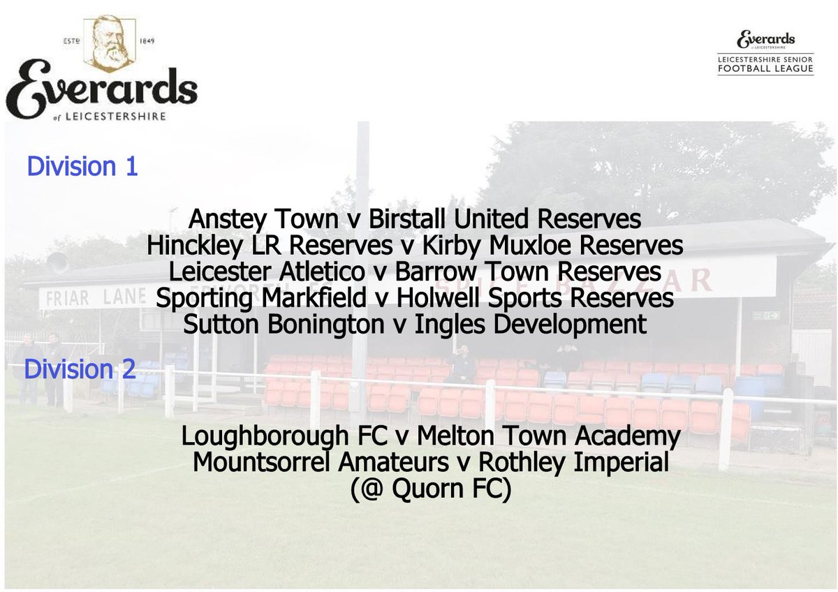 official LSL (@officiallsl1) on Twitter photo Division 1 & 2 Fixtures
28th October (3pm ko)
<a href="/AnsteyTownFC/">Anstey Town FC</a> <a href="/birstall_united/">Birstall United FC</a> <a href="/HinckleyLRFC/">Hinckley LRFC</a> <a href="/KirbyMuxloeFC/">Kirby Muxloe FC</a> <a href="/LeicAtleticofc/">Leicester Atletico Fc🔴⚪</a> <a href="/BarrowTFC/">Barrow Town FC</a> <a href="/SM_FC2017/">SportingMarkfield FC</a> <a href="/1902Hsfc/">Holwell Sports FC</a> <a href="/SB_FootballClub/">Sutton Bonington FC</a> <a href="/Inglesfc/">Inglesfc</a> <a href="/LoughboroughFC/">Loughborough FC</a> <a href="/melton_town/">Melton Town FC 🔴🔴</a> <a href="/MountsorrelAFC/">Mountsorrel Amateurs FC</a> <a href="/RothleyFC/">Rothley Imps FC</a> Division 1 & 2 Fixtures
28th October (3pm ko)
<a href="/AnsteyTownFC/">Anstey Town FC</a> <a href="/birstall_united/">Birstall United FC</a> <a href="/HinckleyLRFC/">Hinckley LRFC</a> <a href="/KirbyMuxloeFC/">Kirby Muxloe FC</a> <a href="/LeicAtleticofc/">Leicester Atletico Fc🔴⚪</a> <a href="/BarrowTFC/">Barrow Town FC</a> <a href="/SM_FC2017/">SportingMarkfield FC</a> <a href="/1902Hsfc/">Holwell Sports FC</a> <a href="/SB_FootballClub/">Sutton Bonington FC</a> <a href="/Inglesfc/">Inglesfc</a> <a href="/LoughboroughFC/">Loughborough FC</a> <a href="/melton_town/">Melton Town FC 🔴🔴</a> <a href="/MountsorrelAFC/">Mountsorrel Amateurs FC</a> <a href="/RothleyFC/">Rothley Imps FC</a>