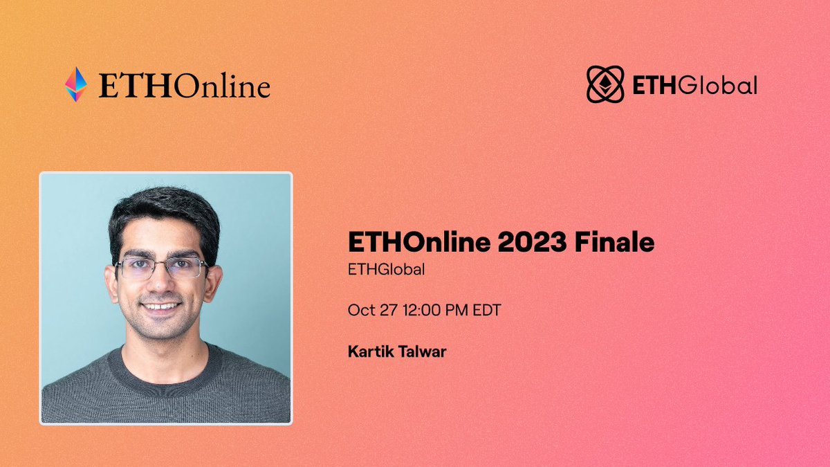 The 📠 ETHOnline 2023 Finale is here Be the first to hear about all prize winners and see the finalists demoing their winning projects live! Let's celebrate all the wins and look into the 🔮 to see what's next for the community! See you on 📺 ethglobal.tv