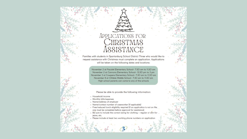 Christmas Assistance applications will be taken at Clifdale on November 8 from 7:30-11:30. Please see below for others times and locations.