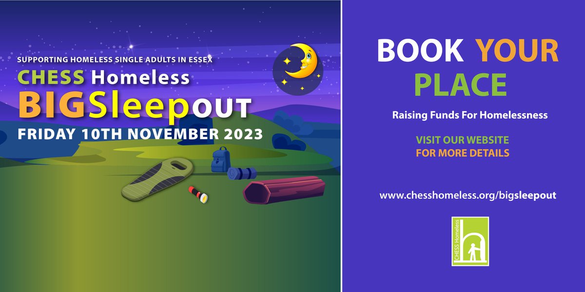 Register for the CHESS BIG Sleepout taking place on Friday 10th November at Chelmsford Cathedral. Impact homelessness in your community by raising funds that help us provide temporary accommodation and support to those in need. Find Out More chesshomeless.org/bigsleepout