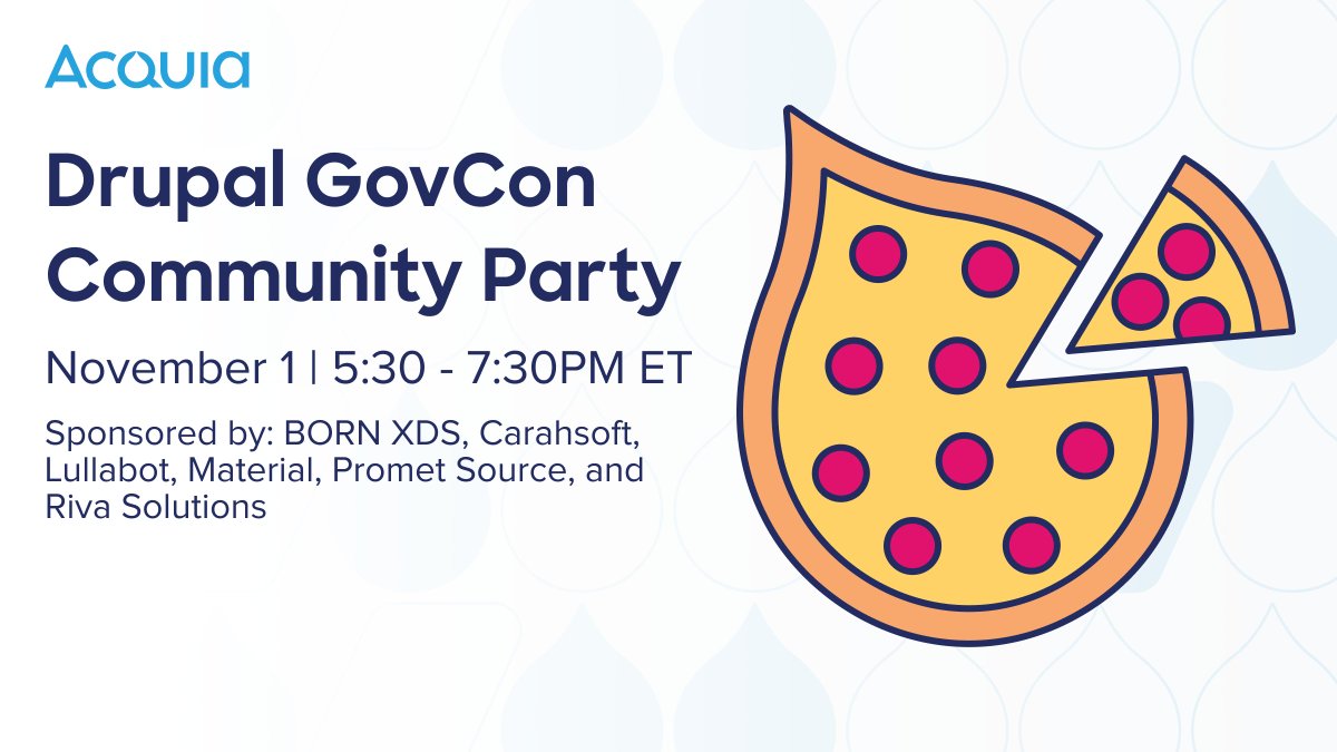 ⏰ #DrupalGovCon is right around the corner! Join our friends from @thisisborn, @Carahsoft, @material_tweets, @prometsource, @lullabot, and @RIVA_Solutions for a happy hour of networking and pizza! The party starts at 5:30pm at Matchbox Bethesda! 🍕 bit.ly/3QtELXV