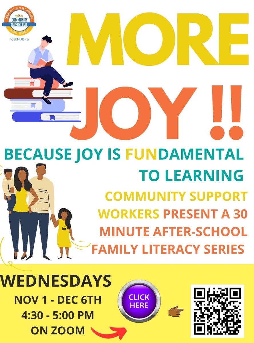 💻📚 MORE JOY IS BACK!!!

Model Schools Community Support Workers present a 30 minute after-school family literacy series.

Wednesdays from November 1st to December 6th from 4:30 to 5pm 

Find the link on the tdsbHUB.ca calendar or click the slide on our home page.