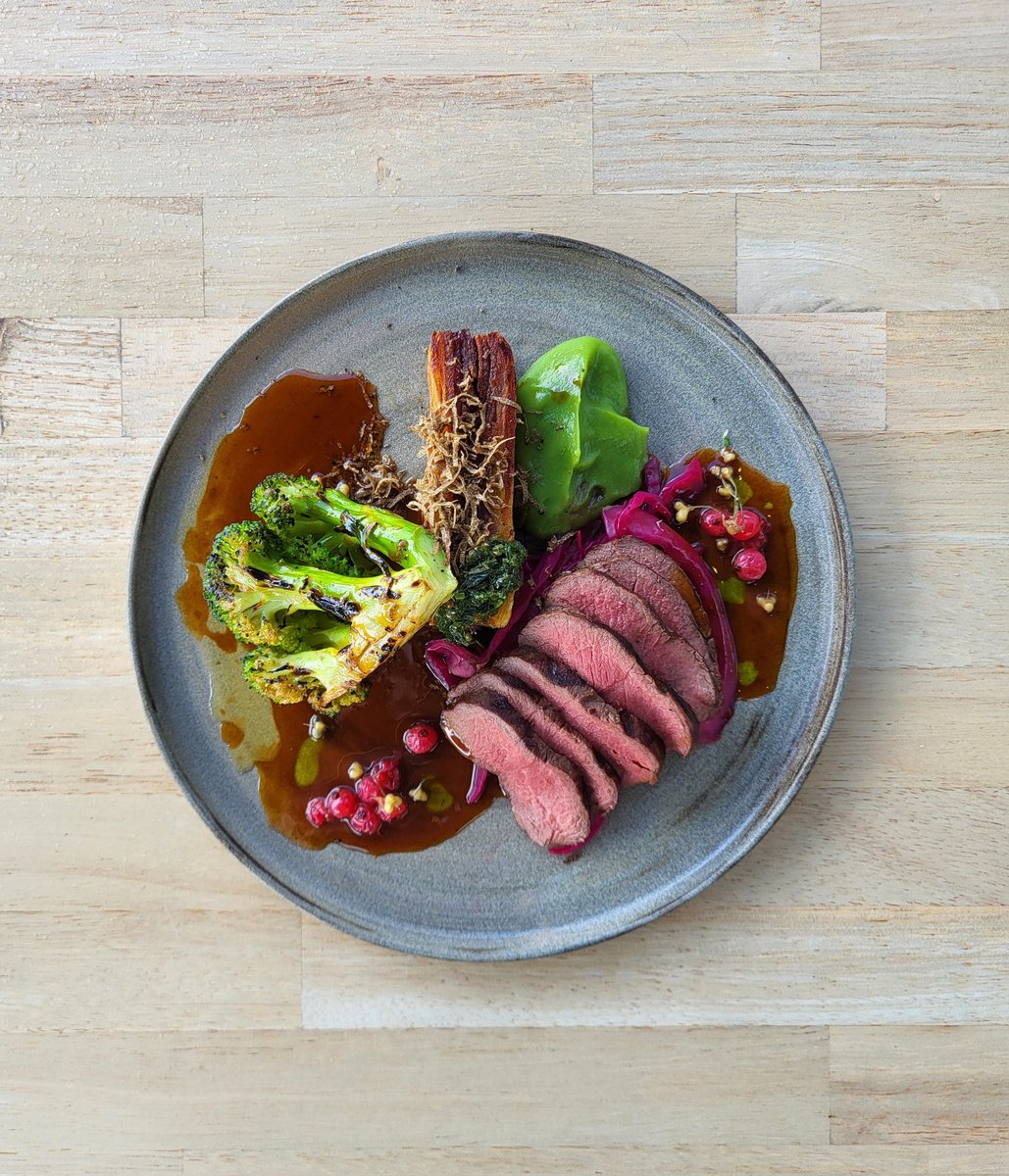 Wicklow sika venison loin, organic broccoli, Ballymakenny potato terrine, red cabbage, preserved redcurrant jus