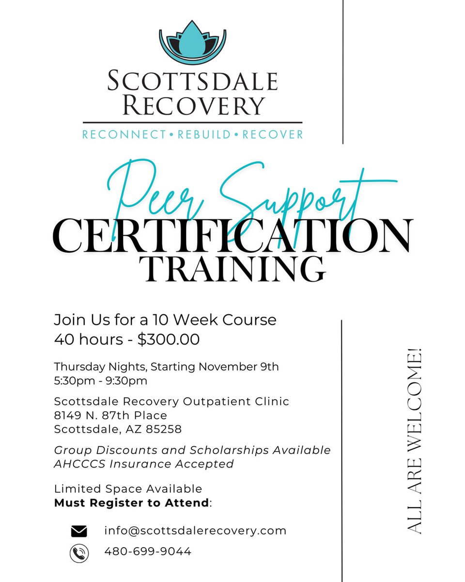 Training Opportunity: Peer Support Certification Training

Do you or your employees need to get peer support certified? SRC is the place! 

Register Now - Space is Limited!

Call 480-699-9044 or email info@scottsdalerecovery.com

#teamsrc #scottsdalerecovery