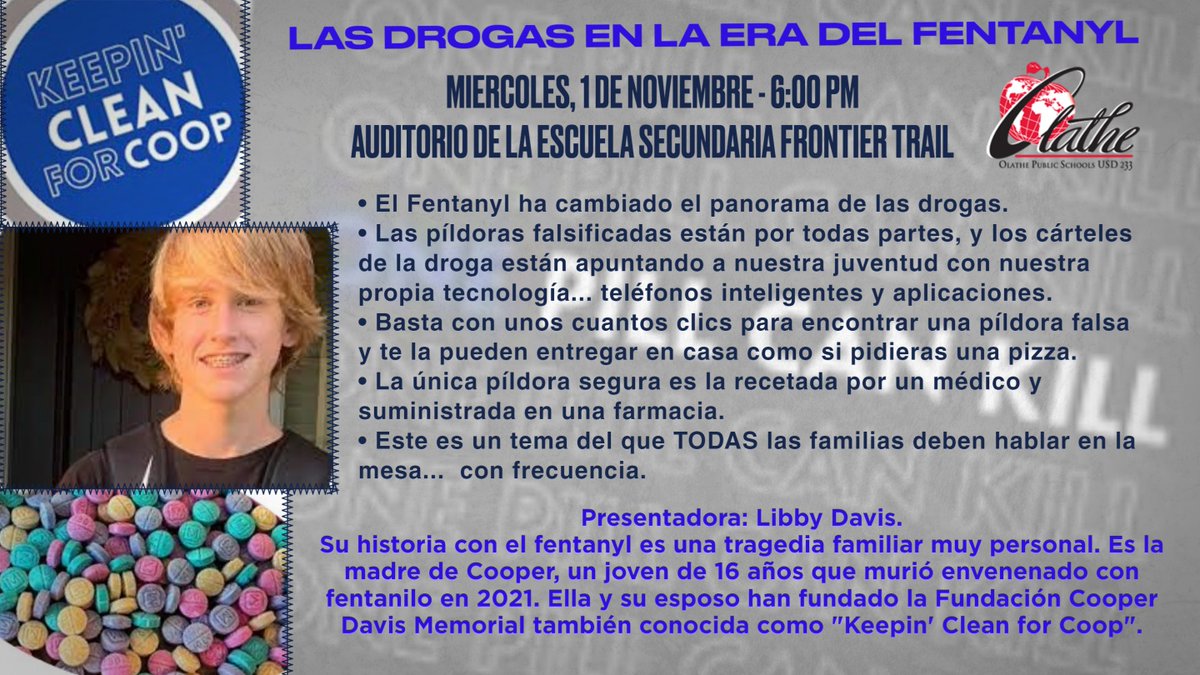 On Wednesday, Nov. 1 at Frontier Trail Middle School, Libby Davis is giving a presentation on "Drugs in the Age of Fentanyl". Davis is the mom of Cooper, a 16-year-old who died from fentanyl poisoning in 2021. She and her husband founded the Cooper Davis Memorial Foundation also