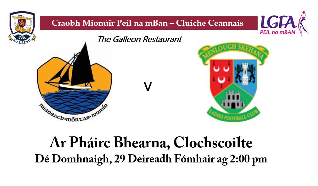 Imreoidh na Cailíní Mionúir i gcoinne Mionloch-An Sceachánach i gcluiche ceannais Mionúir an Chontae ar Pháirc Bhearna, Clochscoilte ar an Domhnach, 29 Deireadh Fómhair ag 2:00 p.m.