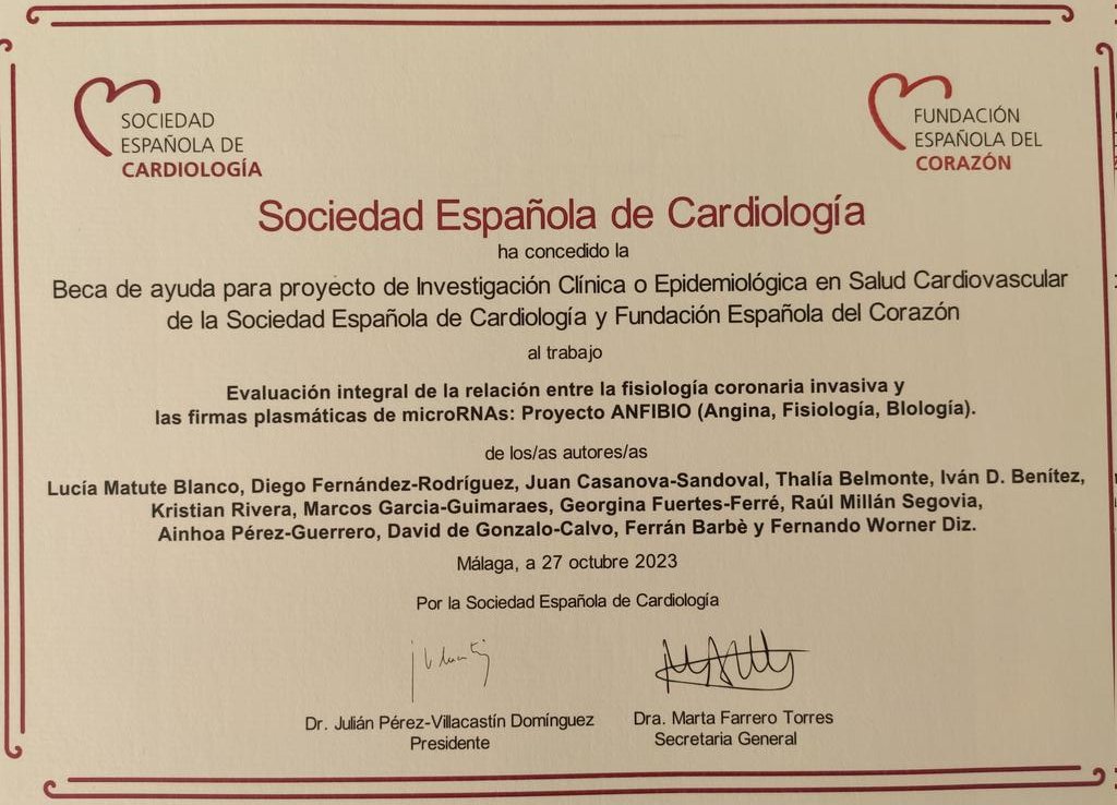 Muy agradecida a @secardiologia por habernos concedido una beca de Investigación a nuestro trabajo:  'Evaluación integral de la relación entre la 
fisiología coronaria invasiva y las firmas plasmáticas de microRNAs: Proyecto ANFIBIO'. 
Esperamos volver a #SEC24 con los resultados