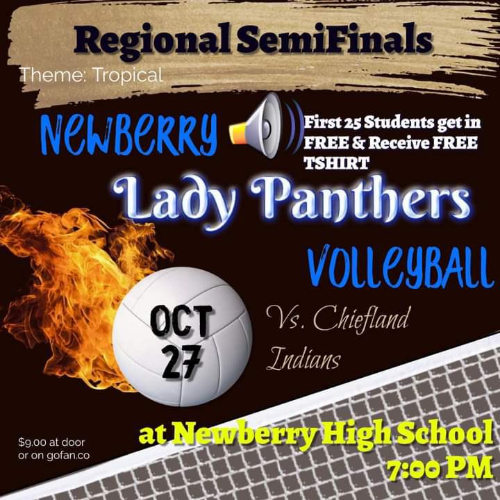 NHSPantherVB's tweet photo. Come and support our lady panthers for their Regional Semi Final game against Chiefland tonight at @7pm 
First 25 students get in free and get a tshirt!! 

@ThePrepZone https://t.co/M0C295tAHi