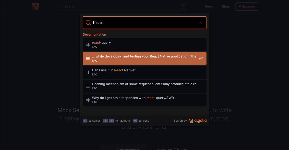 👏 The design is fantastic, especially that vibrant orange color💥

ℹ️ You can bring that orange into your #DocSearch, too -- Update CSS variables to match your unique style to make it your own

📘 Check out the docs here: docsearch.algolia.com/docs/styling/ 

🖼️ And here's a sample of what