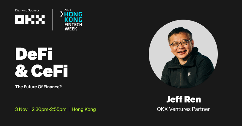 okx's tweet photo. Catch @OKX_Ventures Partner @JeffRenOKX in action at @HongKongFinTech, Asia’s global fintech event.  

📍2-3 November
⚓️ HKCEC, Hong Kong SAR
🗳 FA03

Don't miss out on #HKFTW2023 👇