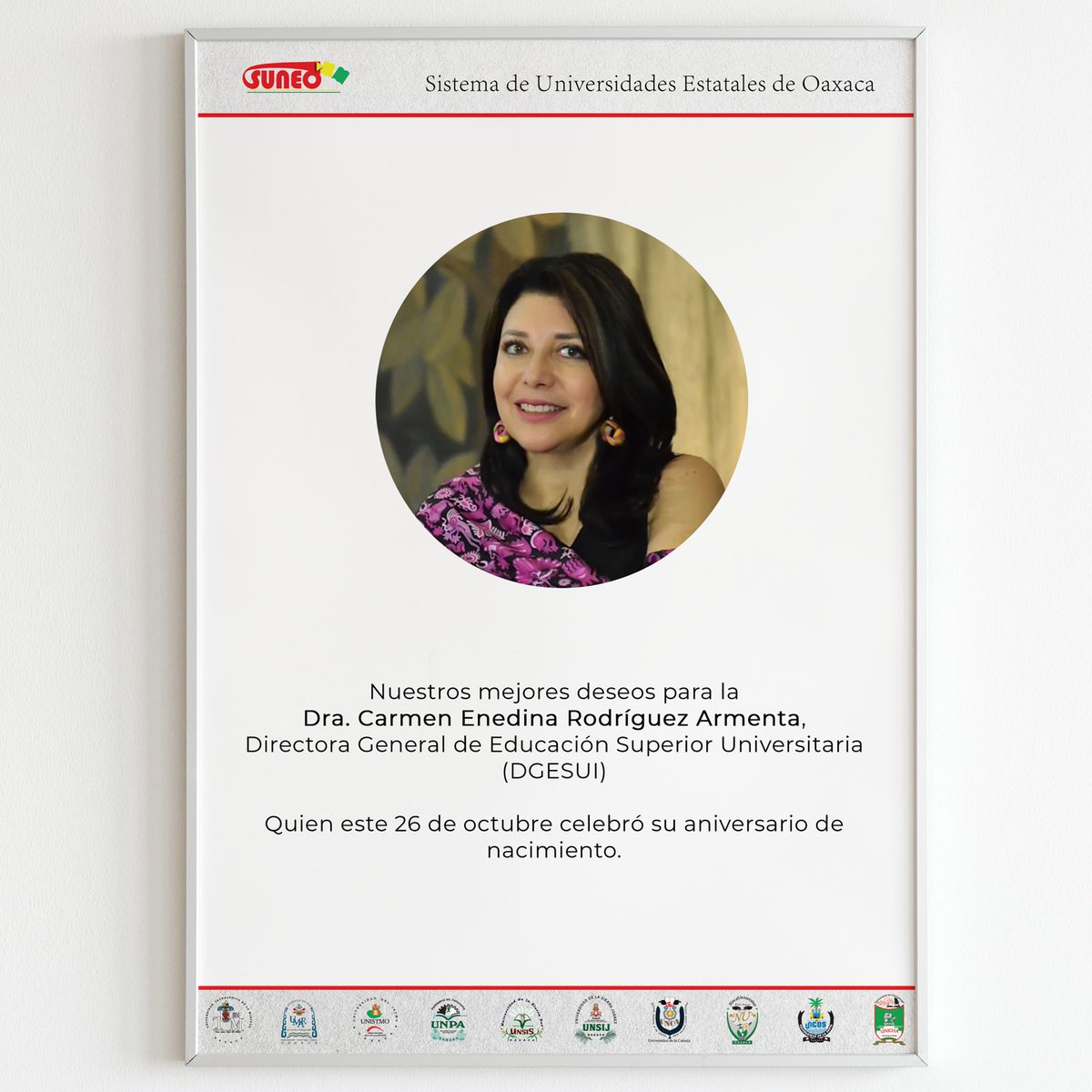 SUNEO_Oaxaca's tweet photo. Nuestros mejores deseos para la Dra. Carmen Enedina Rodríguez Armenta, Titular de la Dirección General de Educación Superior Universitaria e Intercultural✨

#DGESUI
@carmen_ta https://t.co/cF6Q3flukT