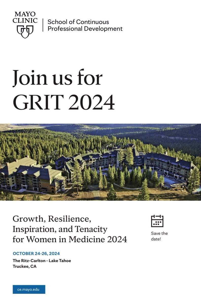 Mayo Clinic GRIT (@mayogrit) on Twitter photo 🌟Save the Date for GRIT 2024 🌟
🗓October 24-26, 2024
<a href="/RitzCarlton/">The Ritz-Carlton</a>
📍Lake Tahoe ; Truckee, CA
Plan to join us! ⛰️
#MayoGRIT
<a href="/anjalibhagramd/">Anjali Bhagra, MD MBA</a> <a href="/SMoeschlerMD/">Susan Moeschler MD</a> 🌟Save the Date for GRIT 2024 🌟
🗓October 24-26, 2024
<a href="/RitzCarlton/">The Ritz-Carlton</a>
📍Lake Tahoe ; Truckee, CA
Plan to join us! ⛰️
#MayoGRIT
<a href="/anjalibhagramd/">Anjali Bhagra, MD MBA</a> <a href="/SMoeschlerMD/">Susan Moeschler MD</a>