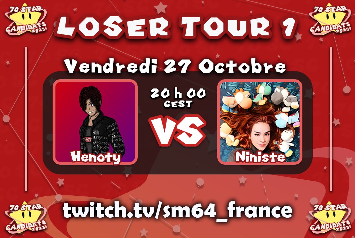 sm64_france's tweet photo. Les races de ce soir sont :
Loser Tour 1 :
Henoty VS @Legend_Niniste à 20 h 00 CEST
Tour 2 :
@Sunnard1 VS @VonJim_ à 00 h 30 CEST
Ici -> https://t.co/GHNCzlMCOb <-
#70SC #70SC2023 https://t.co/wn2PXQSdWh