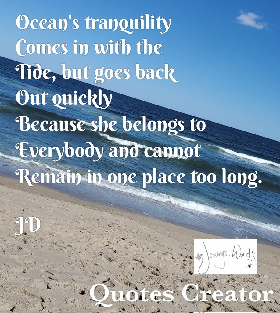 Josamey44's tweet photo. Visit the ocean and breathe in her tranquility.  She is there for everyone to share.
[Background image of the Sandy Hook shoreline line]
#OctoberAcrostic prompt 
#Poetry #Poem #Words #WordArt #SpilledInk #JosameysWords #JD
--
Made with the #QuotesCreatorApp https://t.co/QC8urfR8h7