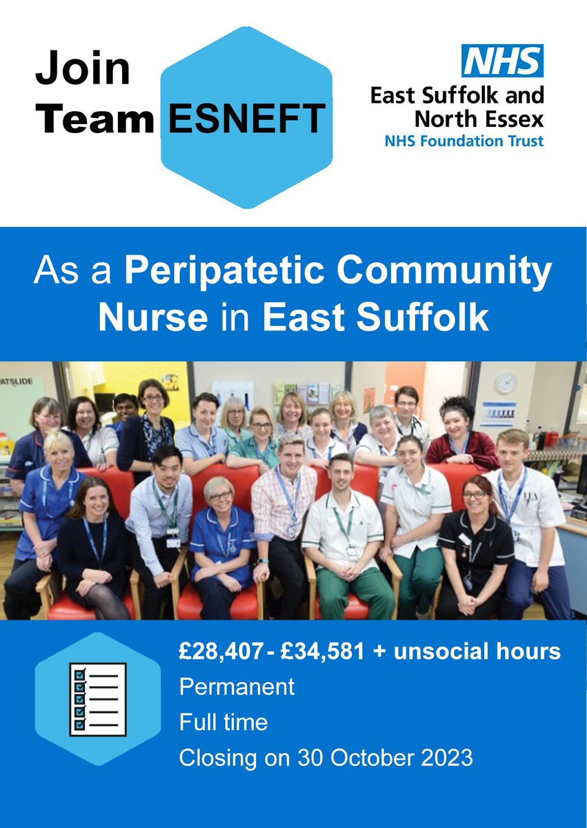 recruitmentESN2's tweet photo. Looking for a Community Nursing job where no two days are the same in East Suffolk? 👇👇👇 #TeamESNEFT #ComeAndJoinUs

💻 Apply here: https://t.co/Ef6c4Ewvpw 

#Community #Nurse #Nusing #Nurses #NursingJobs #NHS #NHSJobs #Healthcare #HiringNow @nmcnews https://t.co/WBmWnFMc7k