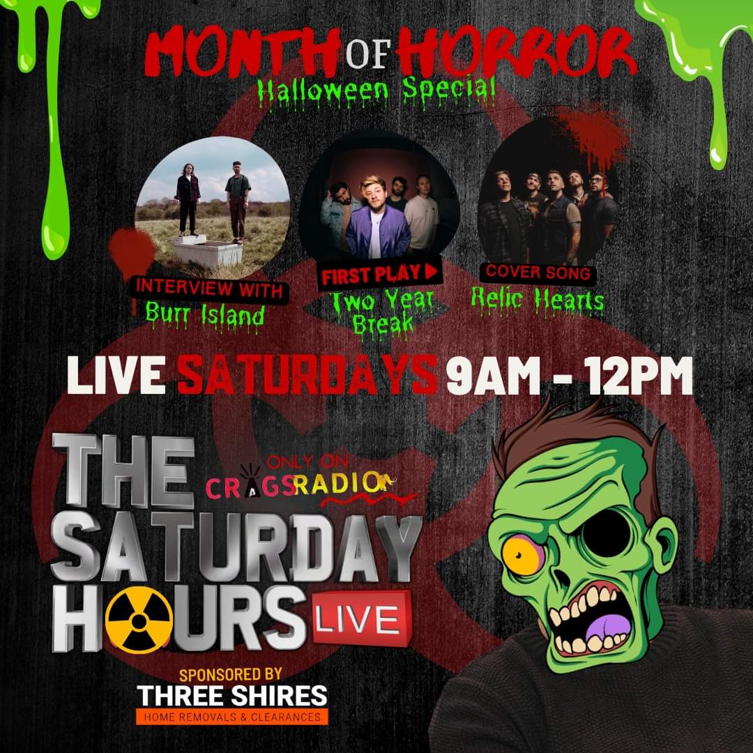 saturdayhours's tweet photo. Coming up this week; We'll be chatting with @burr_island, #firstplay from @TwoYearBreak, Cover Song from @RelicHearts plus loads more Horror! Sponsored by Three Shires 🚚 Only on @cragsradio #northnotts #thesaturdayhours #cragsradio #halloween #worksop #live #communityradio https://t.co/2XKy3I6WqN
