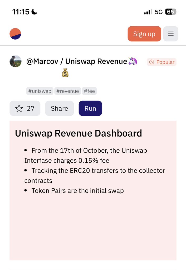 10.17起到现在差不多一周了，Uni开始了前端收费，Uniswap Interfase收取0.15%的费用，一周下来怒收30多万刀

这样下来年入1KWU不是梦啊…..

反正我人傻钱少 我是用OKX Web3 DEX
直接省这笔钱，而且在ETH网络上，除了UniV2 V3之外，它还聚合了其他57个流动性来源，深度更好，滑点更低

还是OKX香阿 而且属于那种越用越香的 越用越好用@okxchinese @okx @Cayne_okx @OKXWeb3_CN #okx 🤩🤩🤩🤩

OKX Web3 钱包 DEX 板块是 DEX 和跨链聚合器，通过 X Routing 智能路由实现一笔交易同时使用多个 DEX，为用户提供最优价格、最佳流动性且 0 交易服务费

手续费看板：https://t.co/W8KFHIFPdi