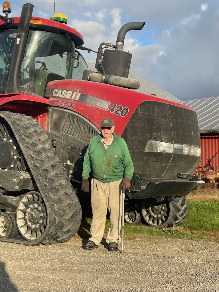 NewVisionFarms's tweet photo. This man learned to plant corn in 1943 with a team of horses named "Duke" and "Jerry".  He used a Massey Ferguson 2 row check corn planter to plant 10 acres.   Today, we are using a 420 horse tractor guided by a satellite to striptill and variable rate  fert in the same field. https://t.co/SbvWOxTi4G